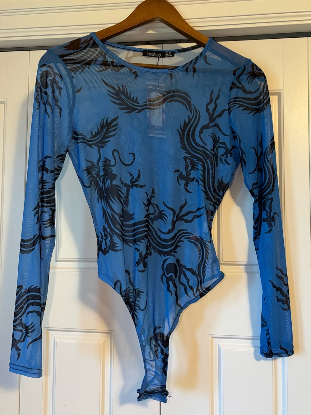 Boohoo, sheer blue dragon print bodysuit